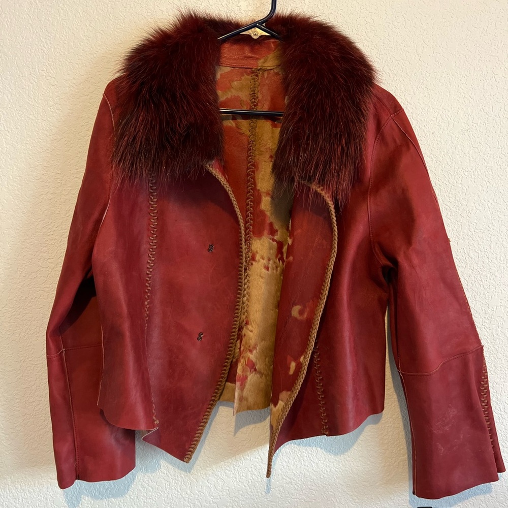 Red Leather Jacket with Faux Fur